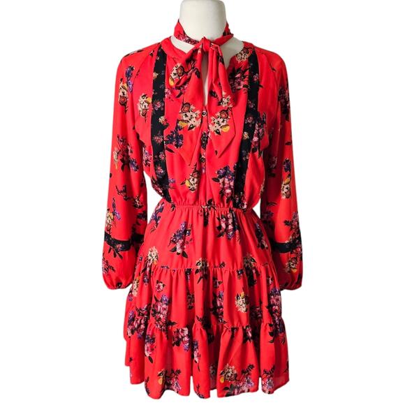 Gianni Bini Red Floral Dress with Neck Tie Size Small - Picture 1 of 10